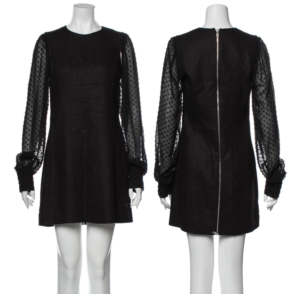 Veronica Beard Black Linen Mini Dress with Removable Swiss Dot Sleeves